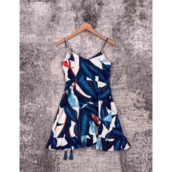 Farm Rio Dress XS Womens Linen Blue Tropical Palm Floral Wrap Mini Jewel Tassel - Picture 3 of 8